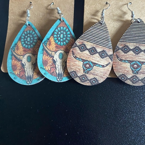 2 Pair Western Boho Teardrop Earrings with Turquoise and Brown Accents Cowgirl - Picture 4 of 11